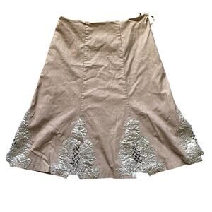 Spiral Brown Embroidered A-Line Cotton Blend Midi Skirt- Size Large